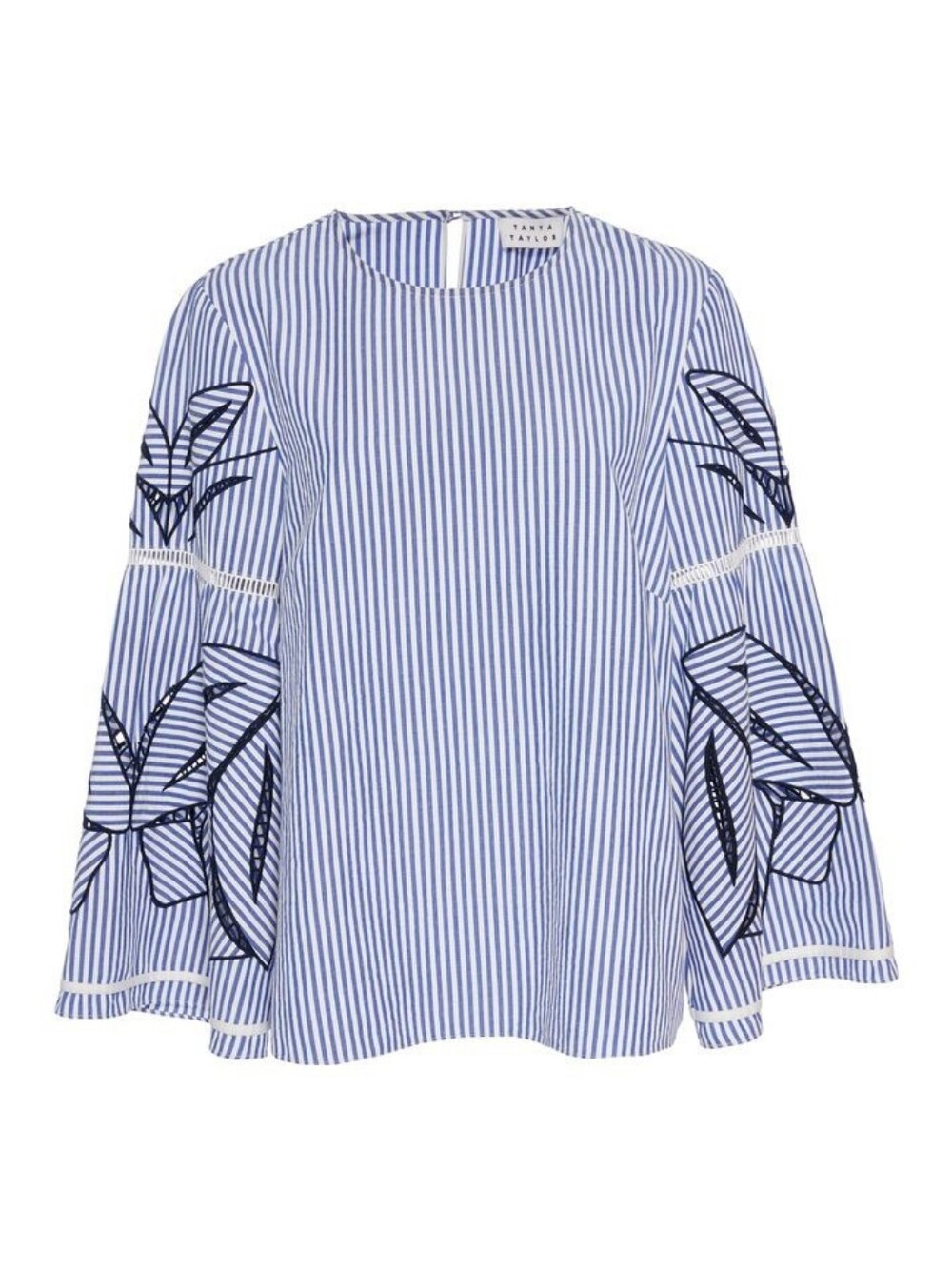 Tanya Taylor Cotton Poplin Blouse Size 8 Embroidered Blue Stripe Preppy Coastal